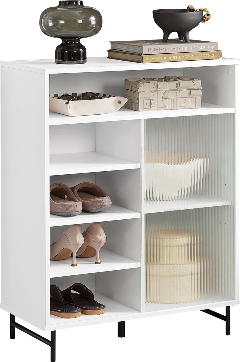 Mara Schoenenkast - Dressoir - Gangkast - Opbergkast - Bijzetkast - Glazen Schuifdeur - MDF - Wit - 70 x 34 x 90 cm