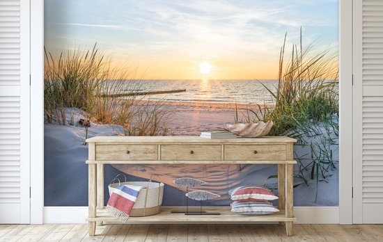 Fotobehang - Vliesbehang - Zonsondergang aan het Strand boven Zee - duinen - 368 x 254 cm