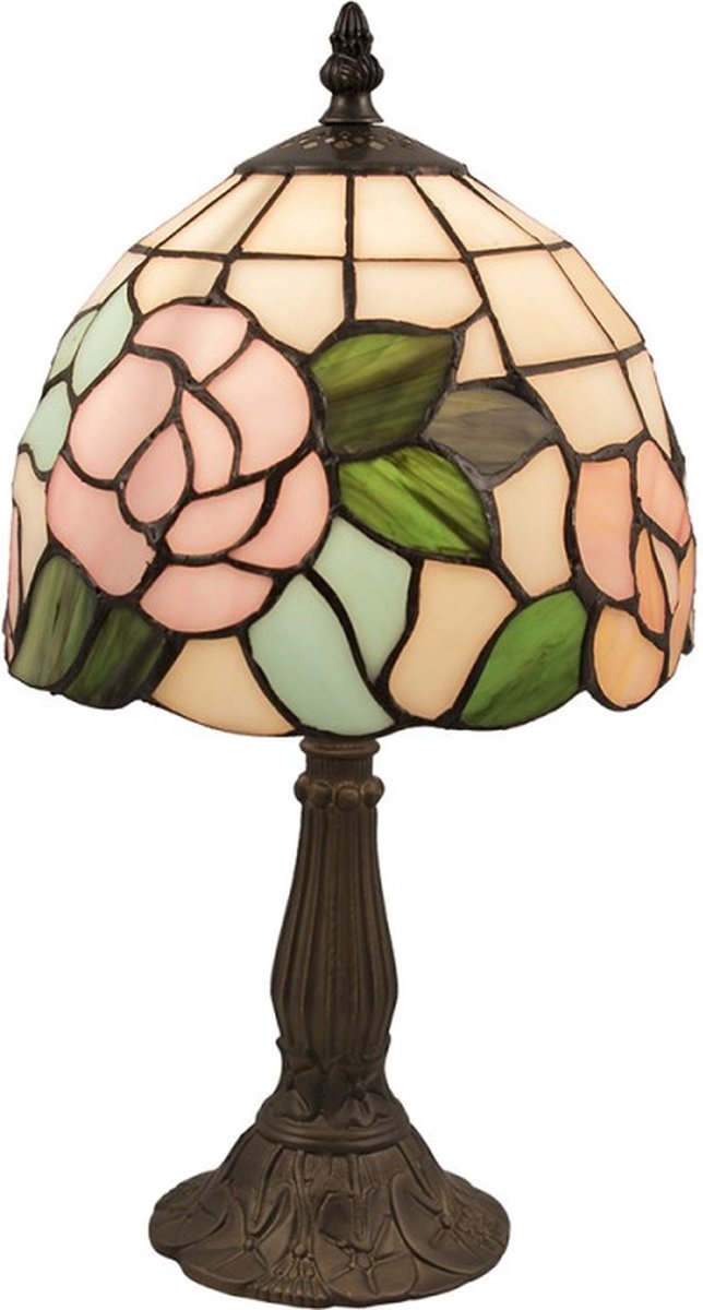 Tiffany Tafellamp Ø 20*36 cm Beige Roze Glas Roos Tiffany Bureaulamp Tiffany Lampen Glas in Lood