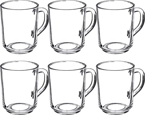 Theeglazen - waterglazen met handvat, set van 6, glazen bekers, sapglazen, bril voor thee, koffie, water, drank, ijsthee, sap, drinkglazen, koffieglazen (Nele, 250 ml)
