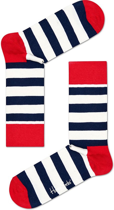 Twee Happy Socks met horizontale marineblauwe en witte strepen. Rode boord en hiel/teen.