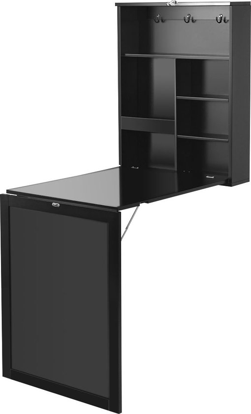 LIFEZEAL Opklapbare wandtafel met planken, opvouwbaar wandbureau met schoolbord, multifunctionele en duurzame wandtafel, 60 x 15,5 x 75 cm, wit/ bruin/zwart (zwart