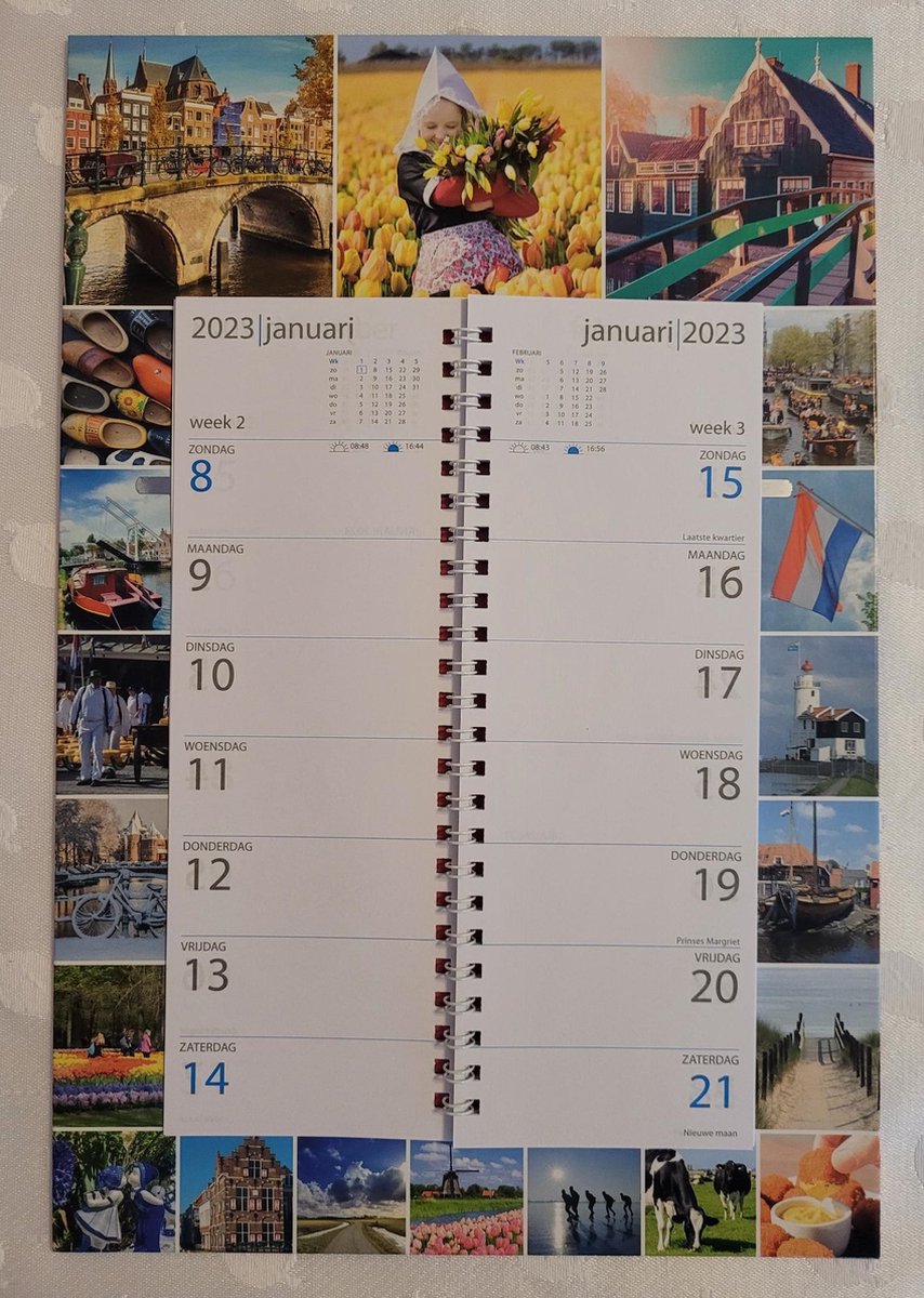 LIBOZA - Week-wandkalender 2023 – De trots van Holland - Indeling Twee Weken – Prachtige foto’s van Hollandse taferelen - Voor in de keuken - Met Eco Pen - Ophangbaar, Stevige kartonnen achterkant - Cadeau - Sinterklaas - Kerstmis – Verjaardag
