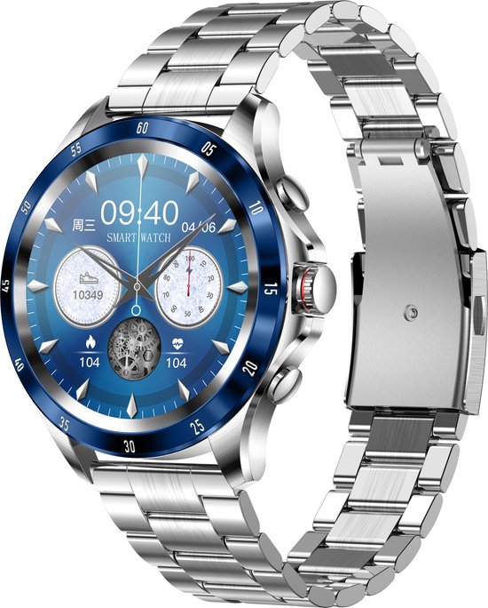 Belesy® XTRA - Smartwatch Homme - Smartwatch Femme - Montre - Podomètre - Calories - Fréquence cardiaque - Fonction d'appel - Votre eigen photo comme cadran de montre - Écran couleur - Full Touch - Blauw - Milanais - Argent