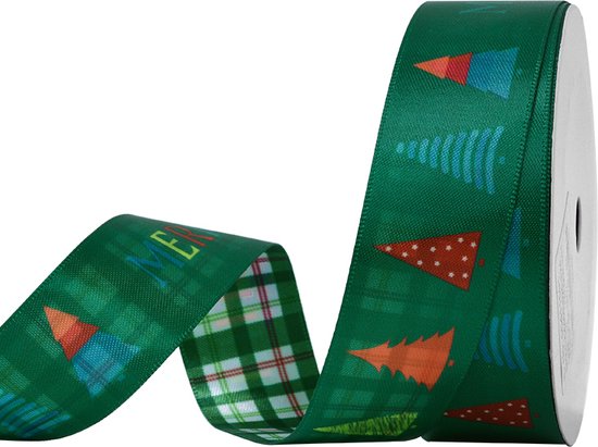 Foto: Kerst lint merry christmas dennenboom ruit 25mm 2 5cm luxe dubbelzijdig satijnlint dubbelzijdige print opdruk groen rood wit gingham kerstlint cadeaulint decoratielint rol 8 meter