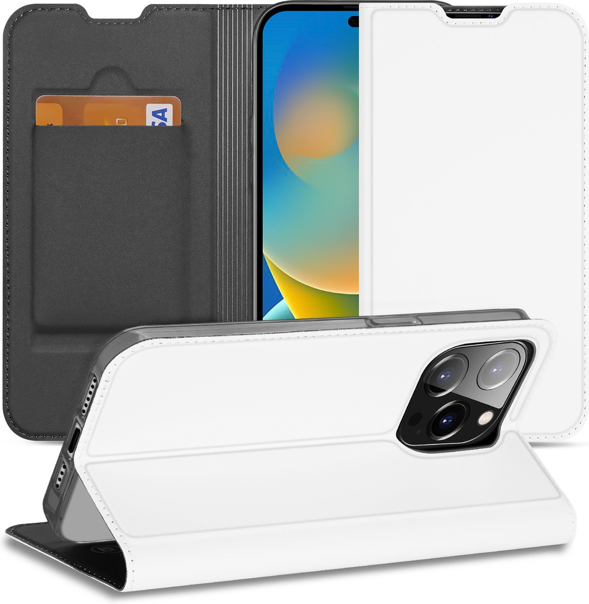 Hoesje iPhone 14 Pro Max Bookcase Wit met Pashouder en Standaard