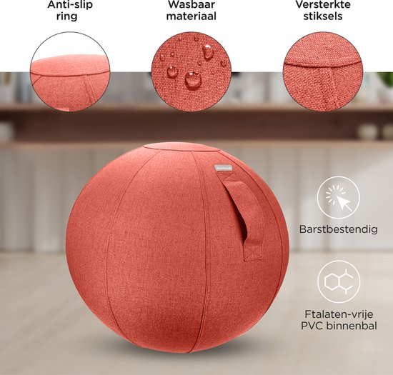 Rode zitbal met anti-slip ring, wasbaar materiaal en versterkte stiksels.