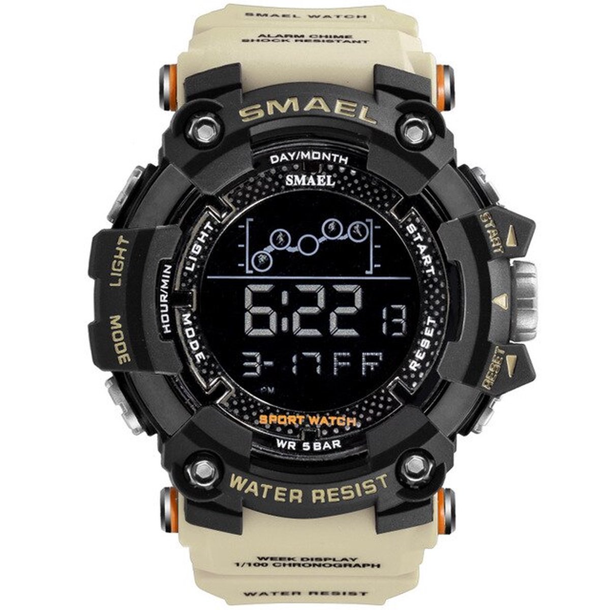 Digitaal Shockbestendig Horloge Zwart Kaki | Smael | Waterdicht 5ATM | Glow in dark | Mud Master | Mudmaster | Shock | Licht | Rubberen band | 1802 | Timer | Eyecatcher | Master | kado | Cadeau
