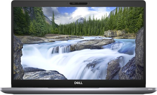 Grijze Dell Latitude laptop, open, met een waterval op het scherm.
