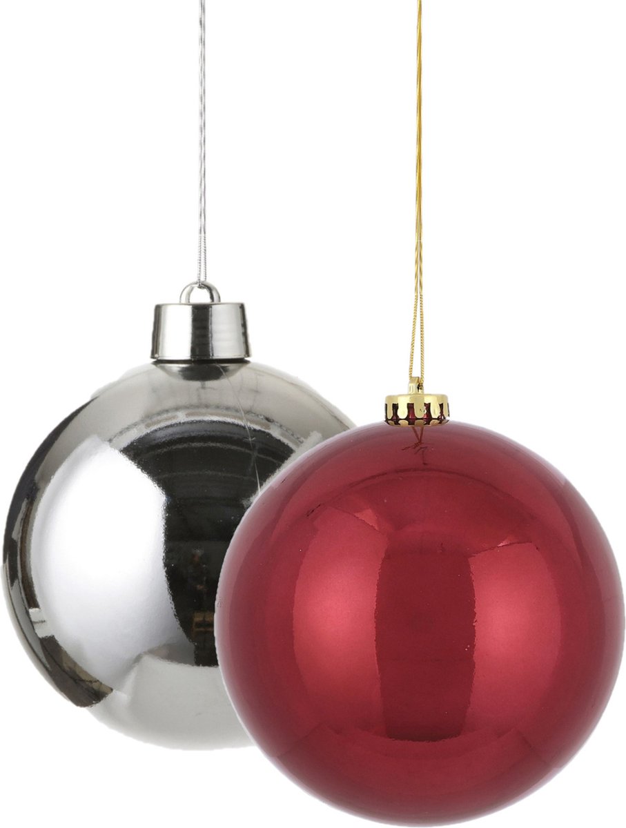 Kerstversieringen set van 2x grote kunststof kerstballen zilver en rood 15 cm glans