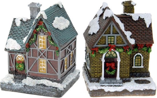 2x Kersthuisjes/kerstdorpje met verlichting 13 cm - Kerstdorpen maken accessoires