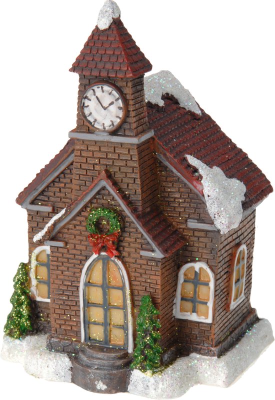 Verlicht kerstkerkje - rood dak - polystone - 13 cm - kleur veranderende lichtjes - kerstdorp