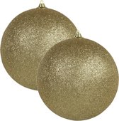2x Gouden grote glitter kerstballen 13,5 cm - hangdecoratie / boomversiering glitter kerstballen