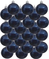 24x Donkerblauwe glazen kerstballen 8 cm - Glans/glanzende - Kerstboomversiering donkerblauw