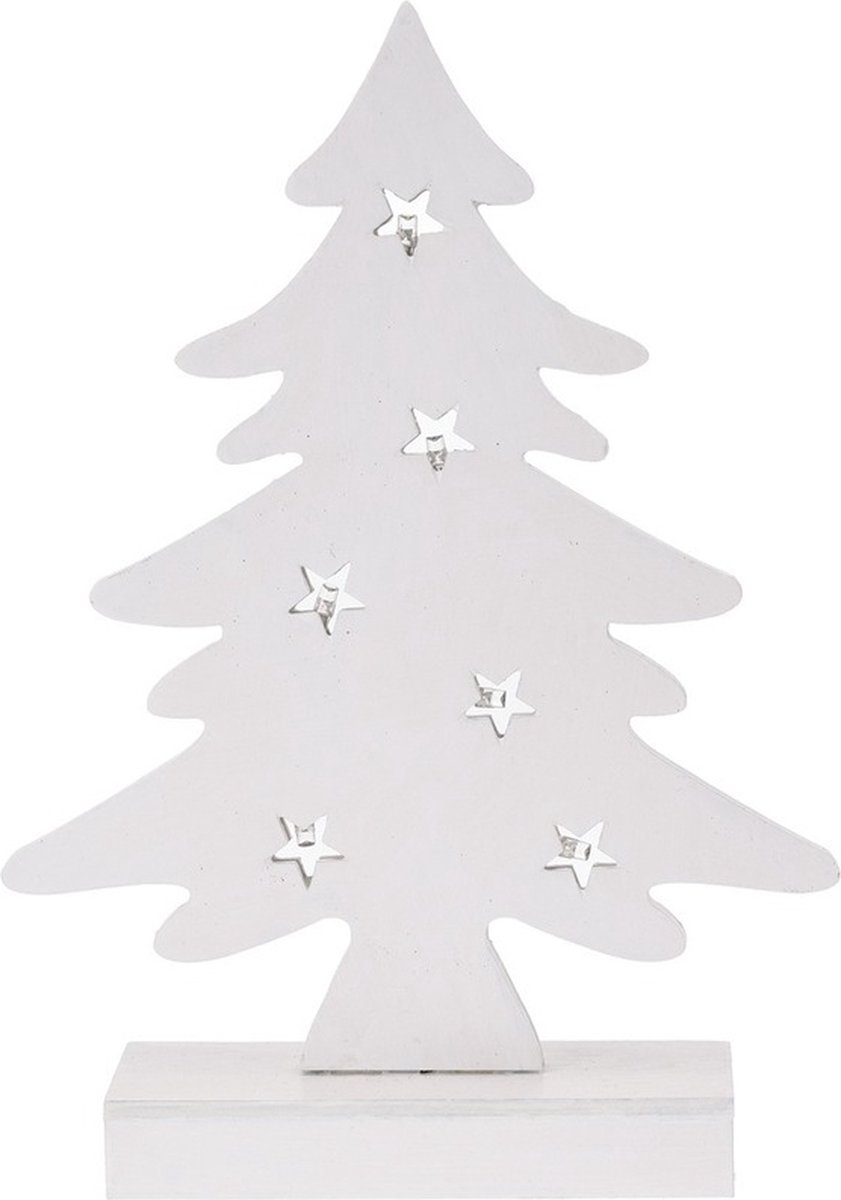 Houten kerstboompje decoratie met LED verlichting, 28 cm hoog
