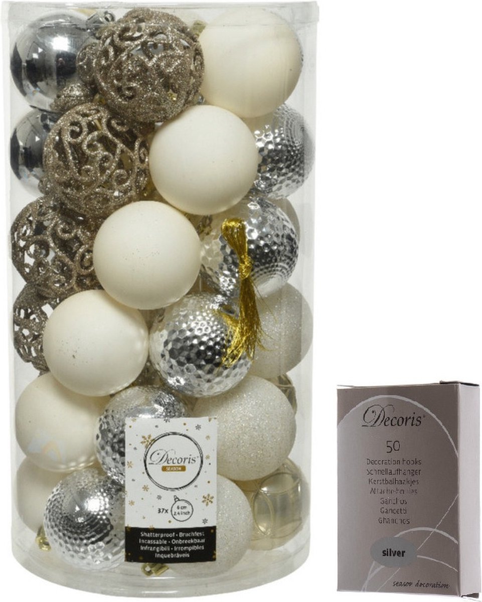Kerstversiering mix pakket kunststof kerstballen zilver/parel/wit 37x stuks 6 cm met zilverkleurige ophanghaakjes