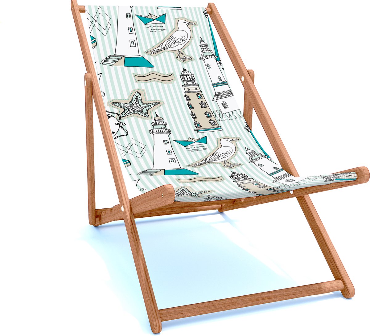 Holtaz Strandstoel Hout Inklapbaar Comfortabele Zonnebed Ligbed met verstelbare Lighoogte houten frame met stoffen Oceaan