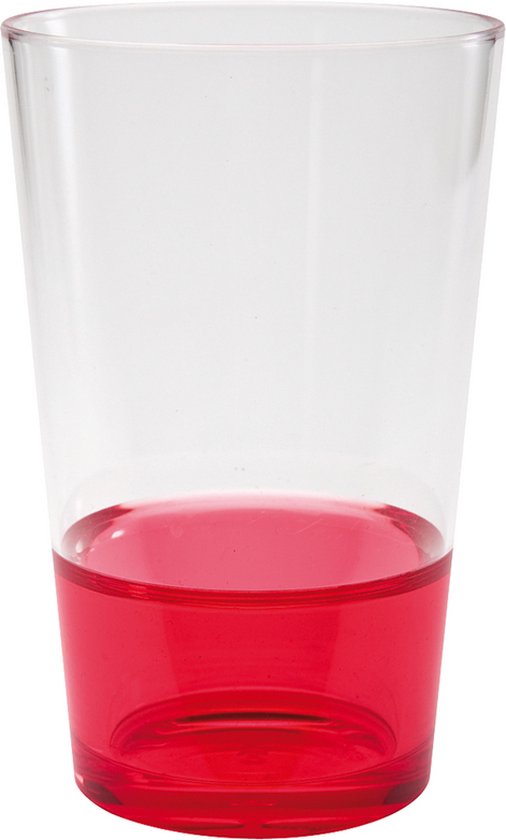 Verre à boire transparent, à moitié rempli d'un liquide rouge.