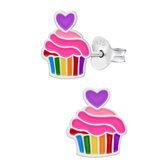 Oorbellen meisje | Zilveren kinderoorbellen | Zilveren oorstekers, kleurige cupcake met paars hartje