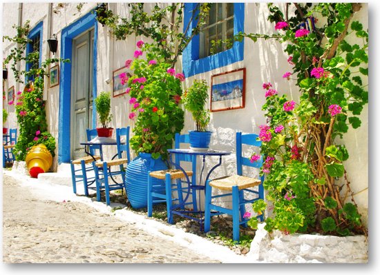 Traditioneel Griekenland - taverna's op straat - 70x50 Canvas Liggend - Bloemen