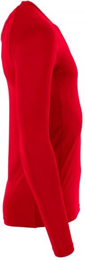 Vue latérale d'un t-shirt rouge à manches longues et raglan.
