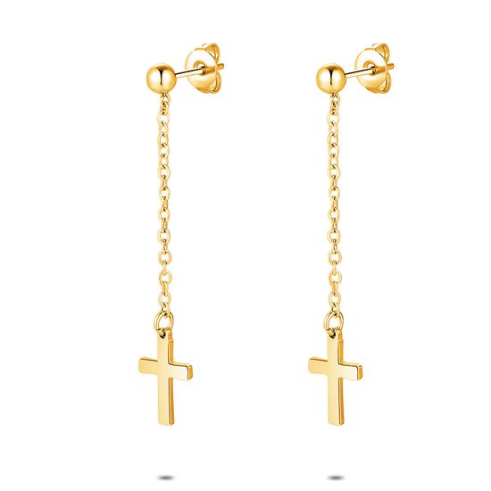 Boucles d' Boucles d'oreilles Twice As Nice en acier inoxydable doré, chaîne avec croix