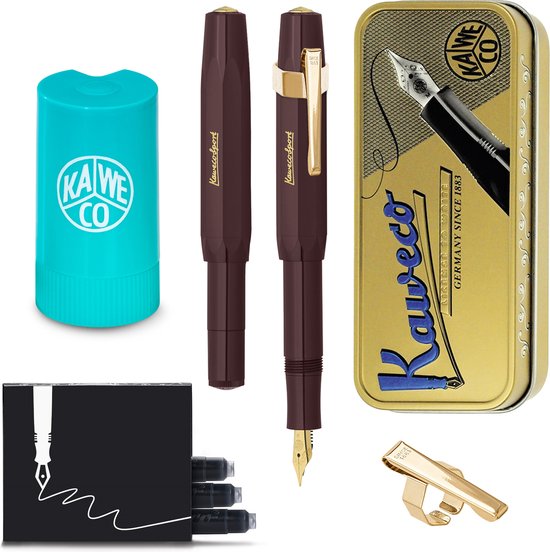 Kaweco - Coffret cadeau - (5 pièces) - Stylo plume CLASSIC SPORT BORDEAUX Stylo plume - Fine - Etain Vintage - Oktogonal Clip Vergoldet - Porte cartouche TURKOISE - Recharges