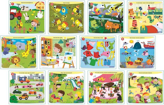 Twaalf educatieve puzzels met dieren, voertuigen, kleding en muziek.