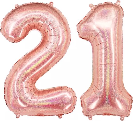 Ballon Cijfer 21 Jaar Rose Goud Helium Ballonnen Verjaardag Versiering Feest versiering Met Rietje Glitter - 86Cm