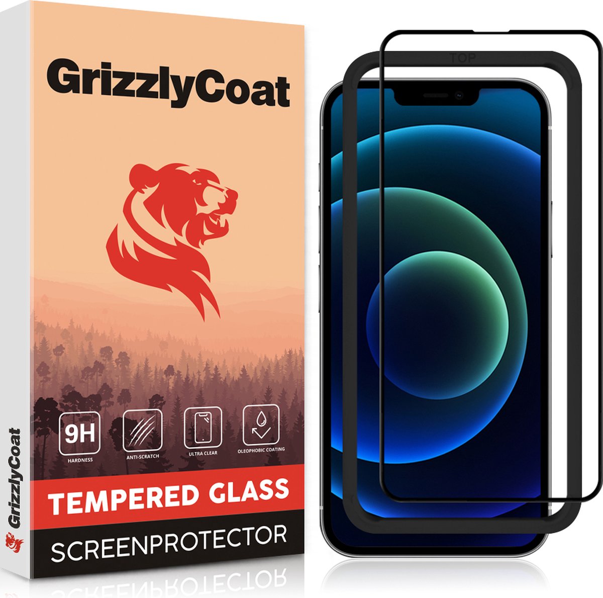 GrizzlyCoat - Screenprotector geschikt voor Apple iPhone 14 Glazen | GrizzlyCoat Easy Fit Screenprotector - Case Friendly + Installatie Frame - Zwart