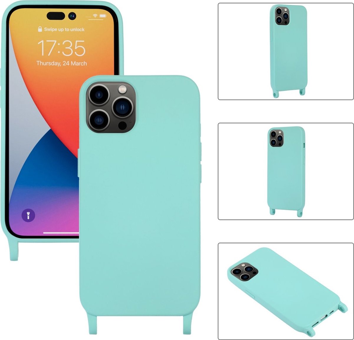 Mobigear Telefoonhoesje geschikt voor Apple iPhone 14 Pro Max Siliconen | Mobigear Lanyard Hoesje met koord - Turquoise
