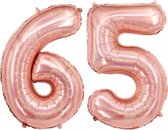 Folie Ballon Cijfer 65 Jaar Rose Goud Verjaardag Versiering Helium Cijfer Ballonnen Feest versiering Met Rietje - 86Cm