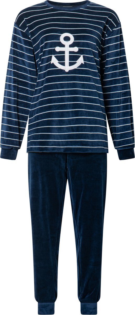 Lunatex warme dames pyjama 124177 - velours - navy donkerblauw