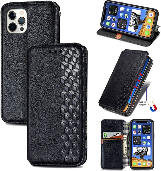 Luxe PU Lederen Ruitpatroon Wallet Case + Screenprotector voor iPhone 12 / 12 Pro _ Zwart