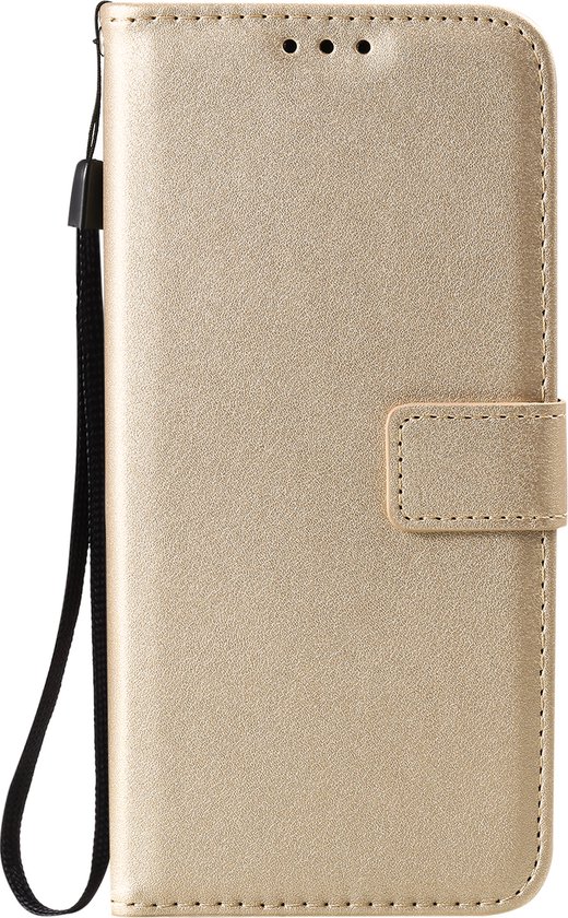 Étui portefeuille doré pour téléphone avec dragonne et fermeture, présenté sur fond blanc.