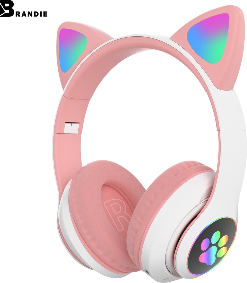 Brandie® - Koptelefoon Voor Kinderen Draadloos - Headphones Kinder - Gamer Cadeau - Gevoeligheid 110 dB - Voor Meisjes - Met Bedrade - Bereik 32 Ω - FM Functie - Wit Roze