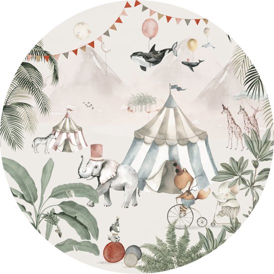 Behangcirkel Wild circus - Ø 125 cm - Behangcirkel zelfklevend - Muurcirkel binnen - Jungle dieren - Circus - Jungle - Ronde behangcirkel - Wandsticker - Behangsticker - Babykamer en kinderkamer - Babykamer accessoires