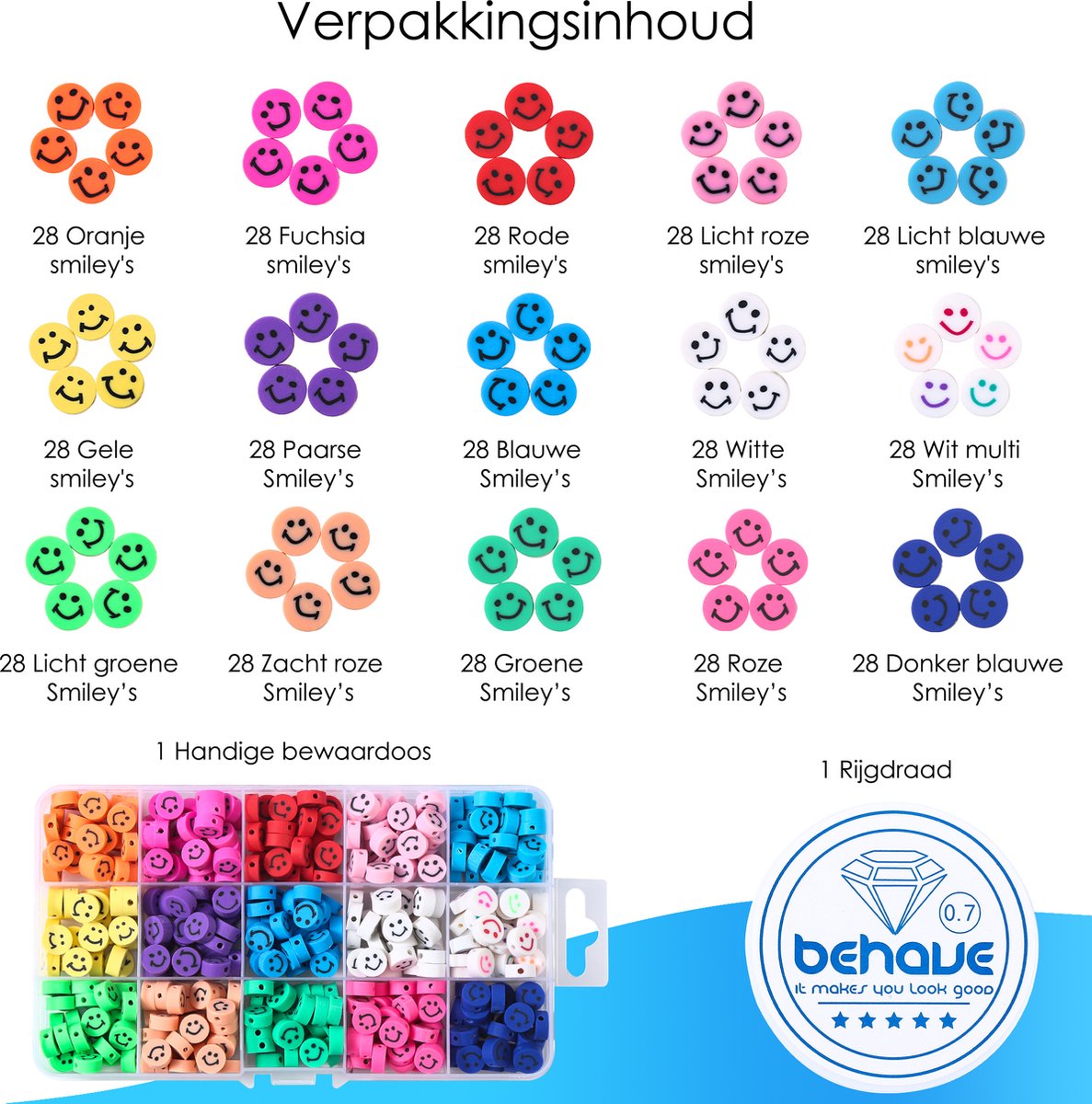 Behave Polymeer Smiley Kralen Set - Knutselen Meisjes - Klei Kralen - 440-Delig - 10 mm — afbeelding 7