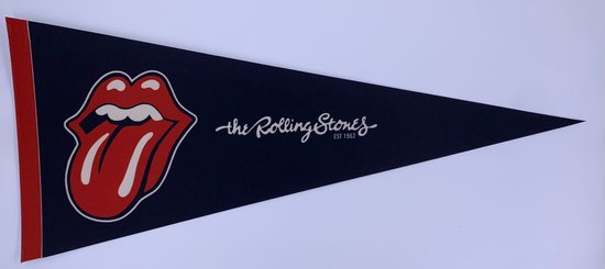 Donkerblauw vaantje met de Rolling Stones tong en lippen logo en 'the Rolling Stones EST 1962'.