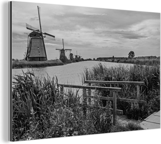 Photo Zwart et blanc des moulins à vent de Kinderdijk aux Nederland Aluminium 30x20 cm - petit - Tirage photo sur aluminium (décoration murale en métal)