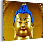 Wanddecoratie Metaal - Aluminium Schilderij Industrieel - Goud met blauw Boeddha beeld - 80x60 cm - Dibond - Foto op aluminium - Industriële muurdecoratie - Voor de woonkamer/slaapkamer