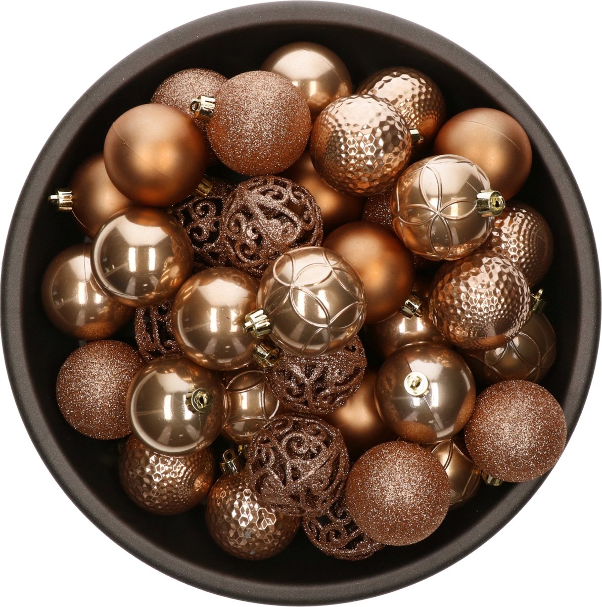 37x stuks kunststof/plastic kerstballen camel bruin 6 cm mix - Onbreekbaar - Kerstversiering/kerstboomversiering