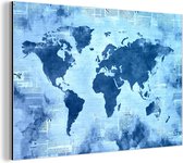 Wanddecoratie Metaal - Aluminium Schilderij Industrieel - Wereldkaart - Blauw - Krant - 30x20 cm - Dibond - Foto op aluminium - Industriële muurdecoratie - Voor de woonkamer/slaapkamer