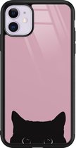 Hoesje geschikt voor iPhone 11 - Zwarte kat - Luxe Hard Case - Marmer - Roze - Mooie Telefoonhoesjes