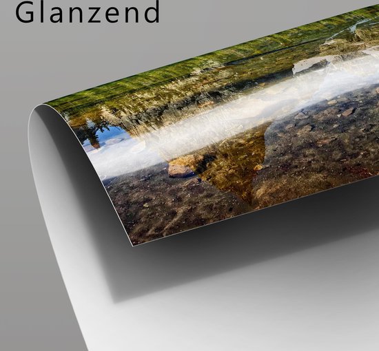 WallClassics - Poster Glanzend – Zwaan in Besneeuwde Bergen - 90x60 cm Foto op Posterpapier met Glanzende Afwerking