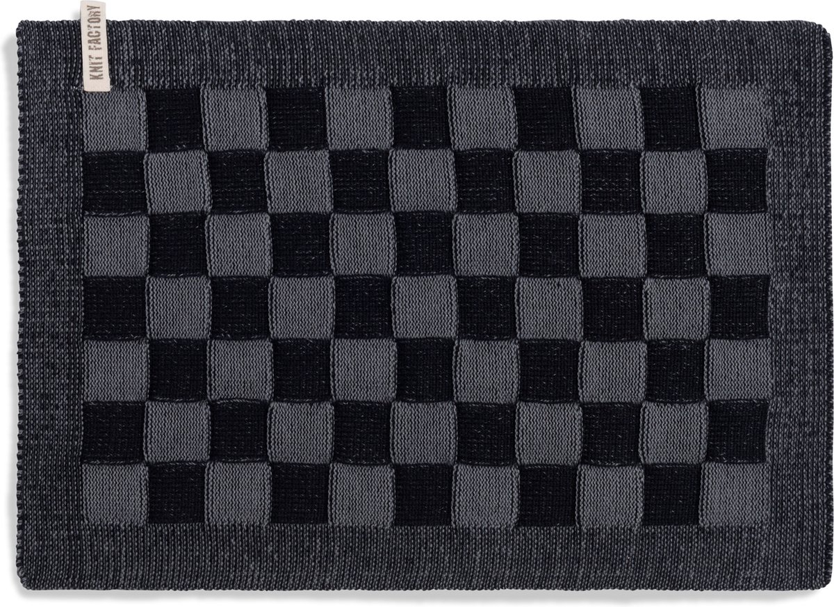 Knit Factory Gebreide Placemat - Onderlegger Block - Eetmat - Zwart/Med Grey - 50x30 cm