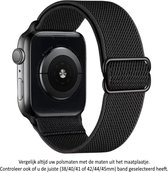 Zwart Elastische Nylon Horloge Band geschikt voor Apple Watch 1, 2, 3, 4, 5, 6, 7, 8, SE & Nike+, 42mm, 44 & 45mm "Mannenbreedte" Series – Maat: zie maatfoto - Zacht Geweven Nylon - 42 mm, 44 mm en 45 mm