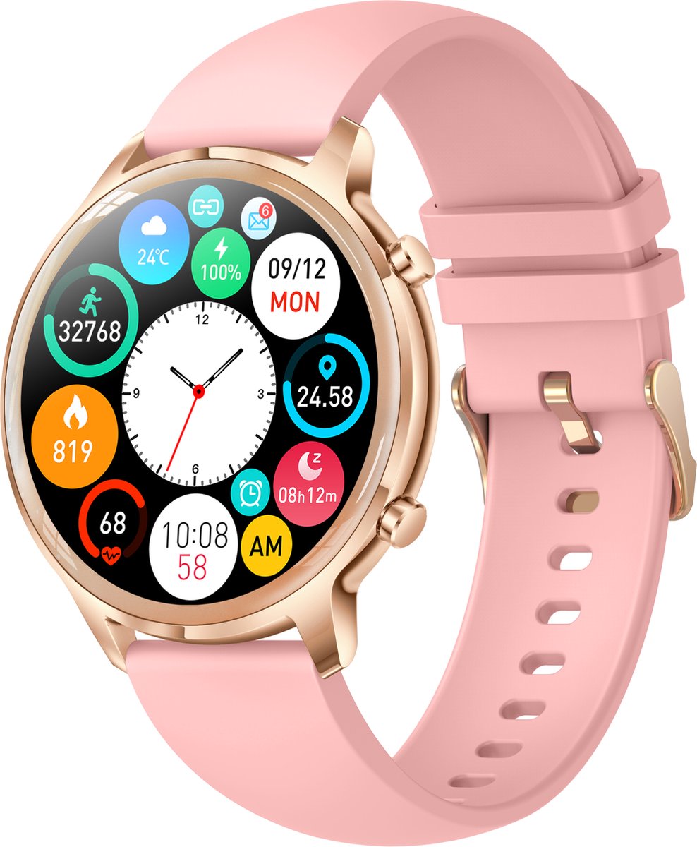 Belesy® TIRANA – Smartwatch Dames – Smartwatch Heren – Horloge – 1.32 inch Touchscreen Kleurenscherm – Stappenteller – Calorieteller – Hartslagmeter – Bloeddrukmeter – Zuurstofgehalte – Multisport – Slaap Monitor – Roze - Moederdag