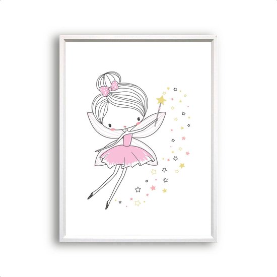 Design Poster Meisje de fee met toverstaf en sterren roze / Kinderkamer / Meisjeskamer / Muurdecoratie / 80x60cm - Postercity