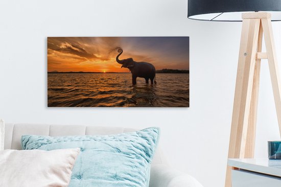 Toile - Éléphant - Coucher de soleil - Water - Décoration murale - 40x20 cm - Peintures sur toile - Toile canvas